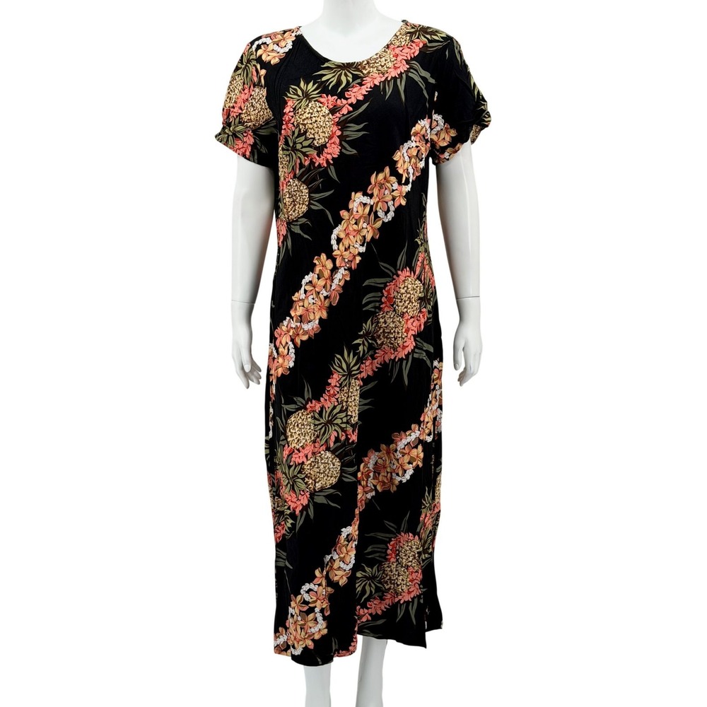 Hilo Hattie Dress Womens XL Black Tropical Floral Hawaiian Midi Summer Vacation